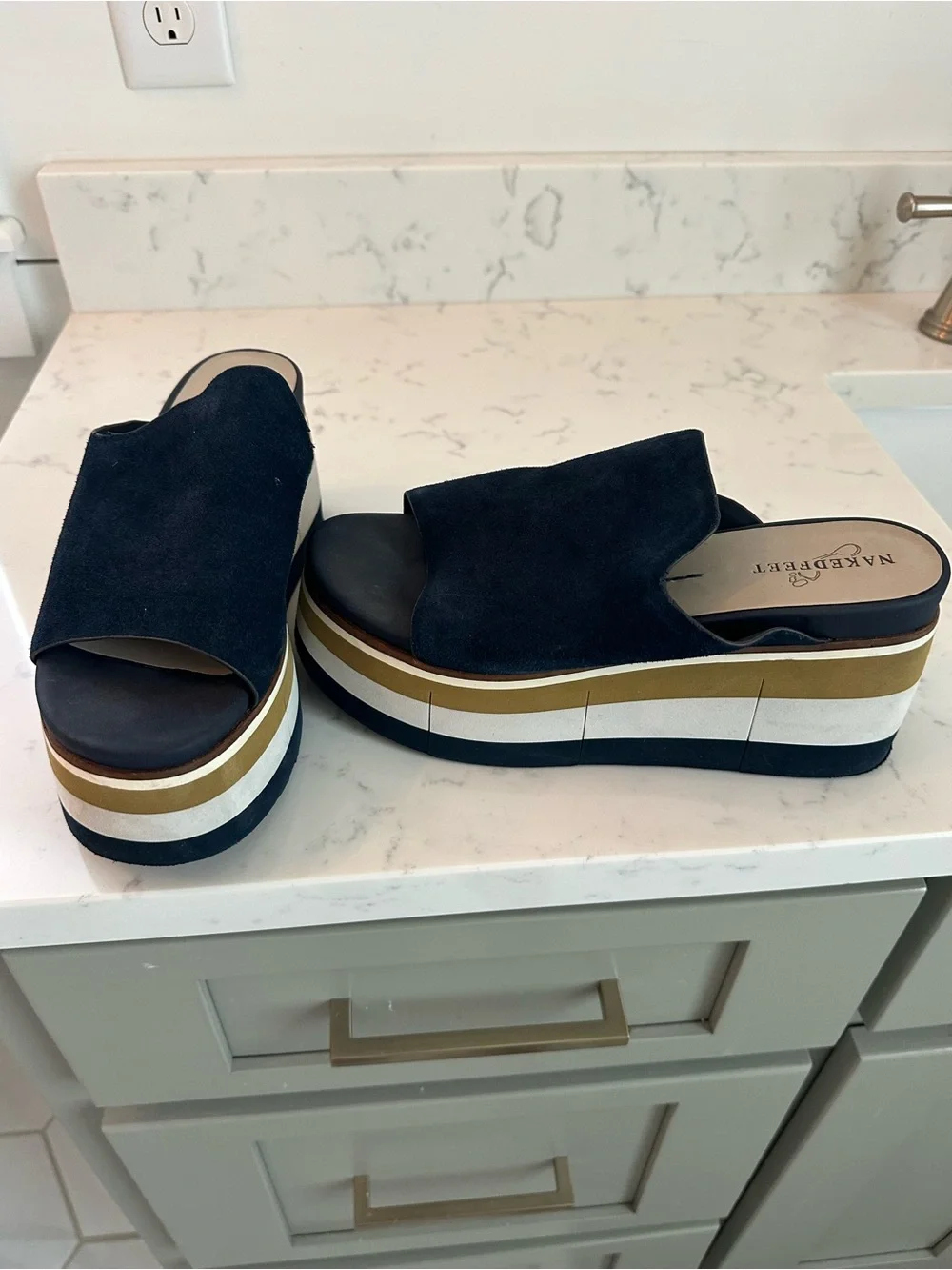 Naked Feet Navy Suede Striped Platform Mule - excellent condition
